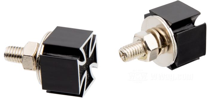 Viti »Croce Maltese« di Mooneyes; per Targa; plastica / acciaio, nero; L x A x P: 18 x 18 x 12 mm; filettatura: M6; con prigionieri filettati M6 e dadi; peso lordo: 50 g