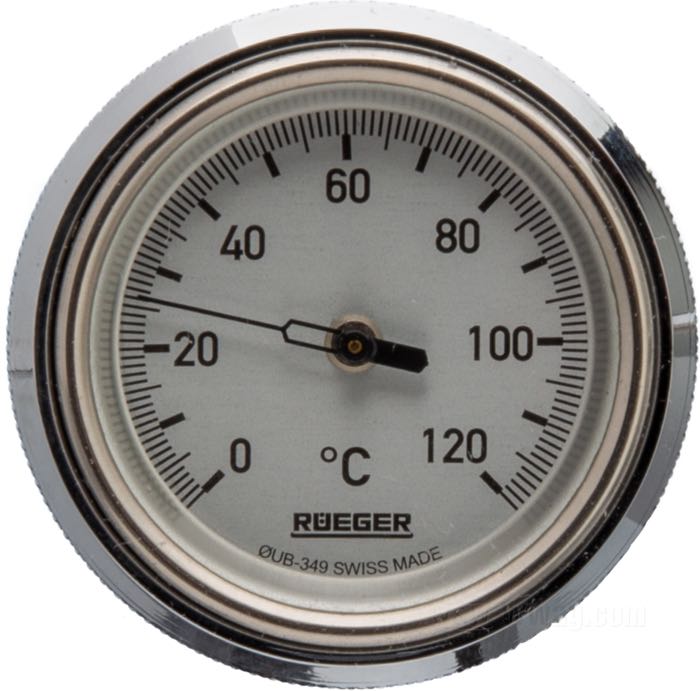 Oil temperature gauge by Rüeger; fits Softail 2000-2017 (exc. Rocker (C), Breakout and FXSTSSE3); steel, chrome-plated, with Celsius scale 0...120°, face Ø = 36 mm; dial: white; length (M): 74 mm; gross weight: 240 g