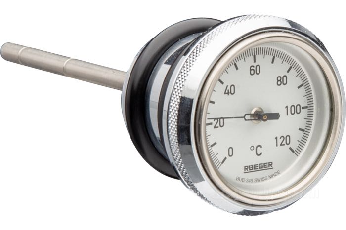 Oil temperature gauge by Rüeger; fits Softail 2000-2017 (exc. Rocker (C), Breakout and FXSTSSE3); steel, chrome-plated, with Celsius scale 0...120°, face Ø = 36 mm; dial: white; length (M): 74 mm; gross weight: 240 g