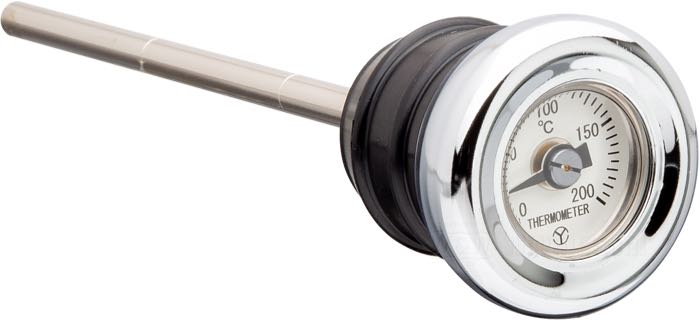 Indicatore temperatura olio; per serbatoi originali e d’accessorio con bocchettone laterale; atto per FL 1970-1984, FX 1971-1985 (ecc. FXST/FLST), FLT 1980-1986, FXR 1982-1983, XLCH 1970-1978; acciaio / gomma / vetro acrilico, cromato, scala Celsius; quadrante: bianco; lunghezza asta (M): 128 mm; rimpiazza OEM HD 62625-70A; peso lordo: 10 g