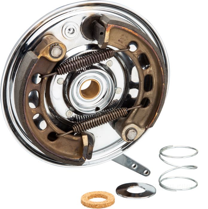 Bremsgrundplatte von Samwel Supplies; passend für Knucklehead 1936, Big Twin 1937-1948, Servi-Car 1941-1957, WLC; Stahl, verchromt; Niederlande; Bruttogewicht: 3.11 kg
