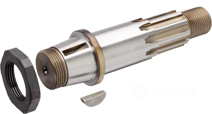 Sprocket shaft by S&S; fits Big Twin 1970-1999 with S&S flywheels; steel; with key and nut; gross weight: 820 g