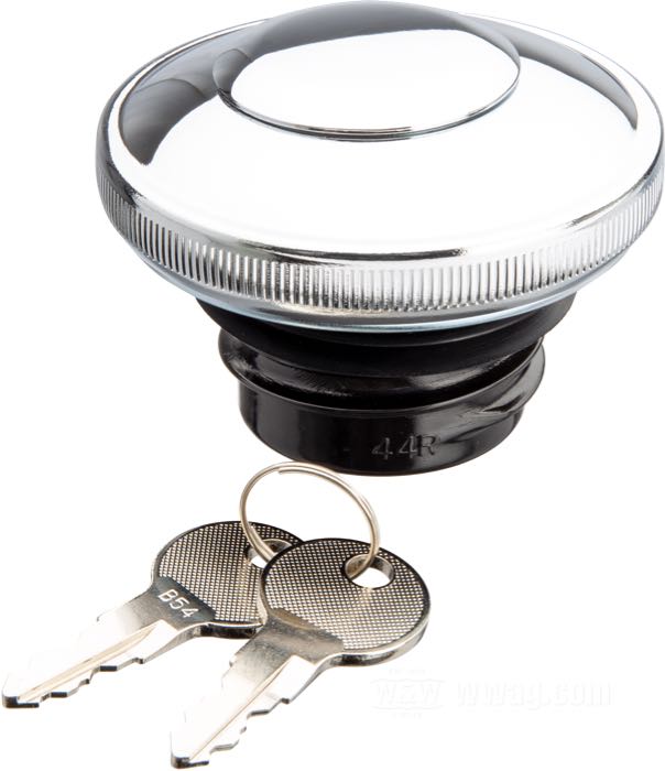Gas cap; fits FL(H), FX 1983-1984; Sportster 1983-2020 (exc. 2017-2020 Asian market models); Softail 1984→ (exc. FXFB models); FXRL, FXRS 1987→; Dyna 1992→; FLHR 1994→; steel, chrome-plated, lockable, with two keys; with vent; gross weight: 171.8 g