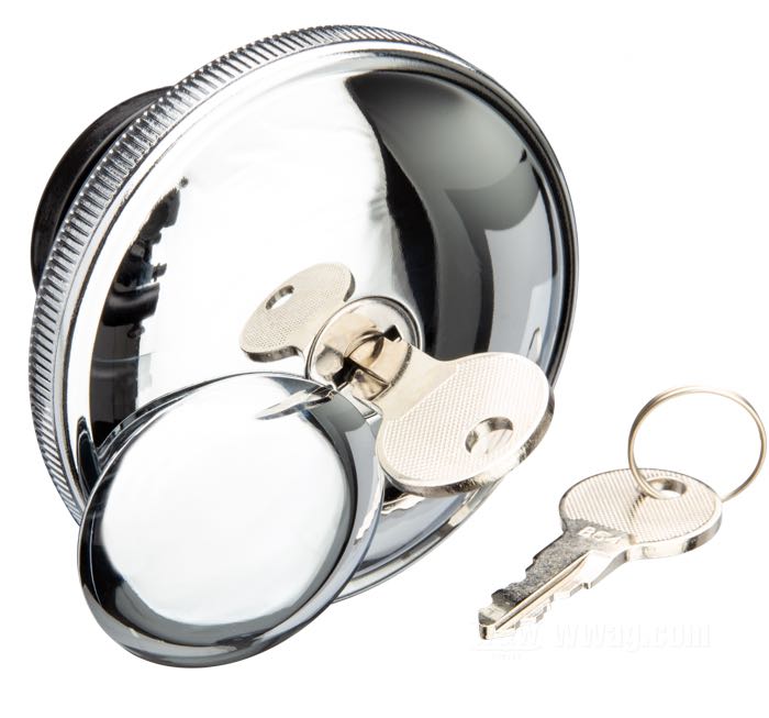 Gas cap; fits FL(H), FX 1983-1984; Sportster 1983-2020 (exc. 2017-2020 Asian market models); Softail 1984→ (exc. FXFB models); FXRL, FXRS 1987→; Dyna 1992→; FLHR 1994→; steel, chrome-plated, lockable, with two keys; with vent; gross weight: 171.8 g