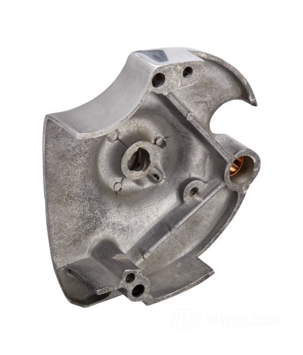 Sprocket cover; fits 4-Speed Sportster 1952-1970; Kickstart and E-Start; cast aluminum, polished; replaces OEM HD 34871-67B; gross weight: 900 g