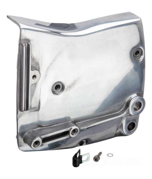 Sprocket cover; fits 4-Speed Sportster 1981-1990; E-Start; cast aluminum, polished; replaces OEM HD 34918-81B; gross weight: 780 g