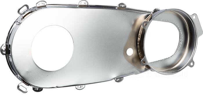 Inner primary cover by Paughco; fits Big Twin 1970-1984; sheet steel, chrome-plated; kickstart only; USA; gross weight: 1.1 kg