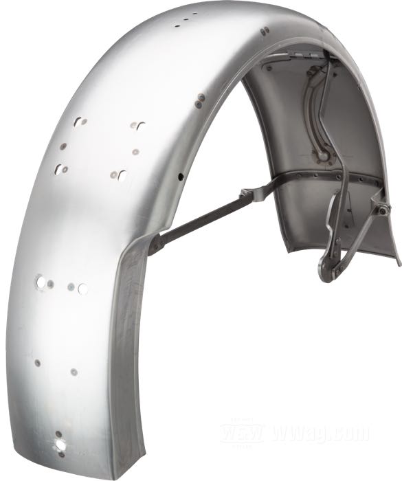 Rear fender by The Cyclery; for Rigid frame; fits Big Twins 1936-1957; steel, bare, with narrow (5/8”) braces; gross weight: 4.47 kg