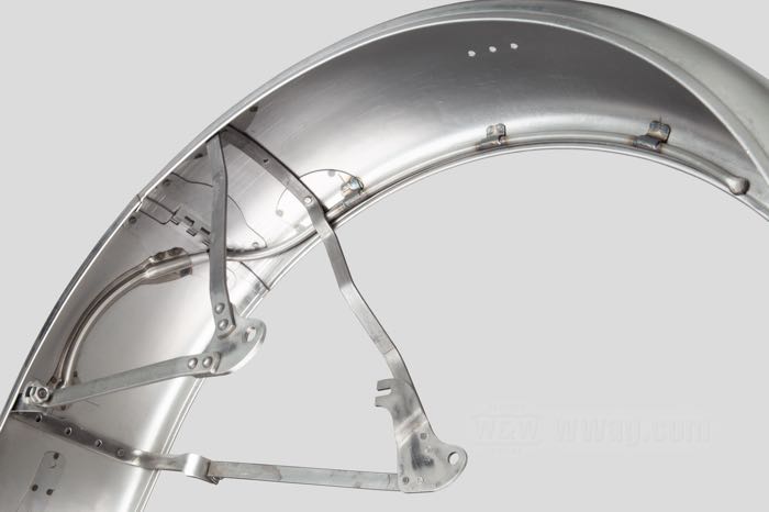 Rear fender by The Cyclery; for Rigid frame; fits Big Twins 1936-1957; steel, bare, with narrow (5/8”) braces; gross weight: 4.47 kg