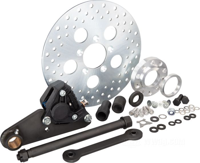 Kit di conversione in freno a disco »SpringBrake« di Cannonball; per forcelle Springer Classic; per mozzo stretto anteriore flangia doppia 1978-1999; acciaio / alluminio, parkerizzato, Ø disco freno: 10”; liquido di freno obbligatorio: DOT 4 o 5; con perno ruota 3/4”; peso lordo: 8.1 kg