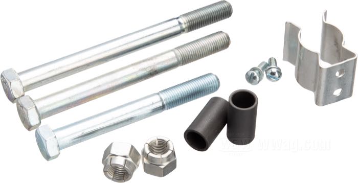 Kit di montaggio di Colony; per Cavalletto centrale; atto per Big Twin 1958-1981; acciaio, zincato / CAD (procedimento ZnNi) / parkerizzato; rimpiazza OEM HD 49404-61, 7775, 5905, 4434W e 4450W; U.S.A.; peso lordo: 249 g