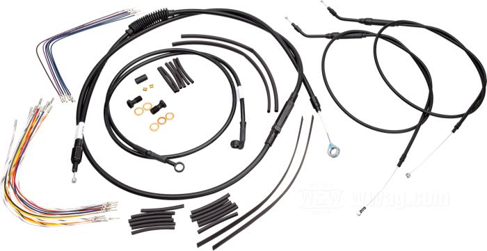 Kit di cavi e condotto freno di Burly Brand; atto per Dyna 2006; un solo disco; acciaio / vinile / rame / plastica, nero, satinato; altezza massima del manubrio: 40 cm; cavo frizione (cavo interno): 203 cm; cavo accel./chius. (cavo interno): 122 cm; condotto freno (centro banjo → centro banjo): 132 cm; cabblaggi: 33 cm; con istruzioni; senza marchio omologazione; peso lordo: 1.34 kg