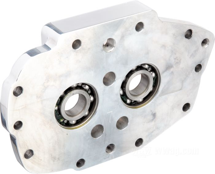 Piastra supporto cuscinetto di Jims; atto per 5 marce Big Twin 1980-2006; alluminio, lucidato; rimpiazza OEM HD 35258-87C; peso lordo: 1.08 kg