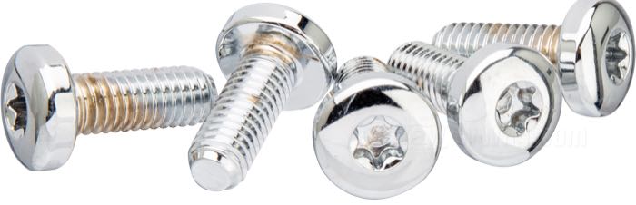 Kit bulloni di Colony; per fori di 3/8” con svasatura piana; acciaio, cromato; testa a calotta Torx; filettatura: 3/8”-16; lunghezza: 1 ” (25 mm); rimpiazza OEM HD 41198-73 e 43567-92; U.S.A.; peso lordo: 120 g