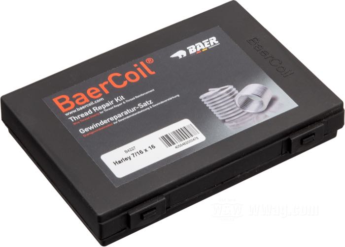 Kit riparazione filettature »BaerCoil« di Baer; per Flathead and Knucklehead head bolts; inserti 7/16” lungo; filettatura: 7/16“-16; con maschio, un utensile di inserimento e 10 inserti a spirale BaerCoil; Germania; peso lordo: 300 g
