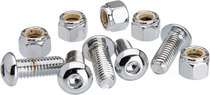 Kit bulloni di Colony; per fori di 3/8” con svasatura piana; atto per FL/FX; acciaio, cromato; testa a calotta a brugola; filettatura: 3/8”-16; lunghezza: 1 ” (25 mm); con dadi autobloccanti; rimpiazza OEM HD 41198-73, 43567-92 e 7778; U.S.A.; peso lordo: 130 g