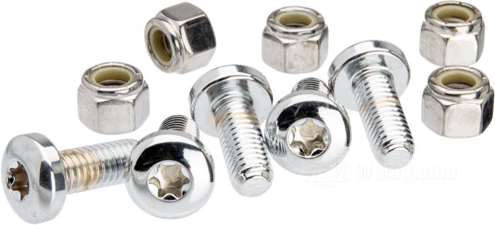 Kit bulloni di Colony; per fori di 3/8” con svasatura piana; acciaio, cromato; testa a calotta Torx; filettatura: 3/8”-16; lunghezza: 1 ” (25 mm); con dadi autobloccanti; rimpiazza OEM HD 41198-73, 43567-92 e 7778; U.S.A.; peso lordo: 160 g