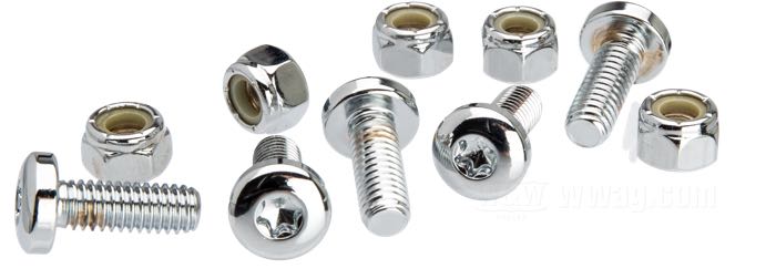 Bolt kit by Colony; for 5/16” holes with flat counterbore; fits FXST; steel, chrome-plated; Torx button head; thread: 5/16”-18; length: 7/8 ” (22 mm); with lock nuts; replaces OEM HD 3655, and 7739; USA; gross weight: 100 g