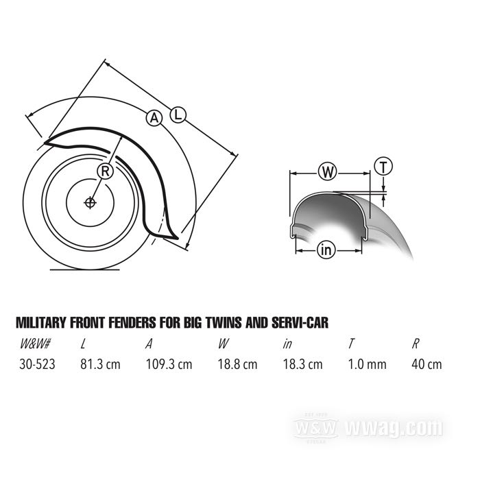 Parafango anteriore »Military« di Samwel Supplies; atto per OHV 1936, Big Twins 1937-1948, WLC 1942-1943, Servi-Car 1941-1957; acciaio, naturale; rimpiazza OEM HD 3702-41; Europa; peso lordo: 3.49 kg