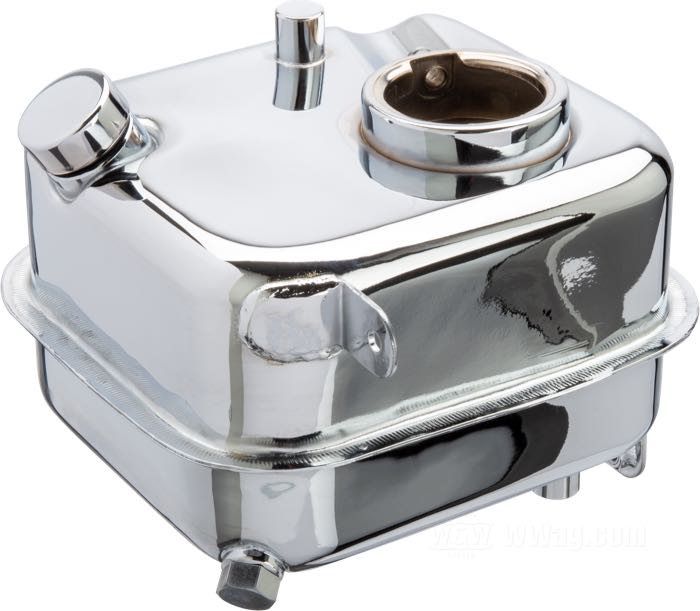 Oil tank; fits FX and FL 4-speed models 1965-1986 (except FXST); sheet steel, chrome-plated; drain plug: 5/8”-18 UNF; filler spout: ID 1-1/4”; replaces OEM HD 62483-81; gross weight: 2.4 kg