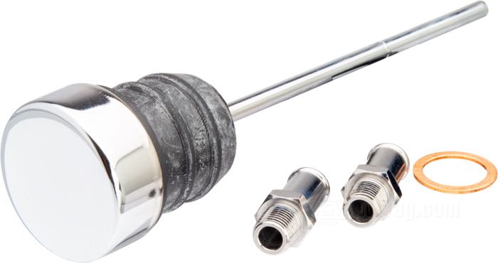 Oil tank; fits FX and FL 4-speed models 1965-1986 (except FXST); sheet steel, chrome-plated; drain plug: 5/8”-18 UNF; filler spout: ID 1-1/4”; replaces OEM HD 62483-81; gross weight: 2.4 kg