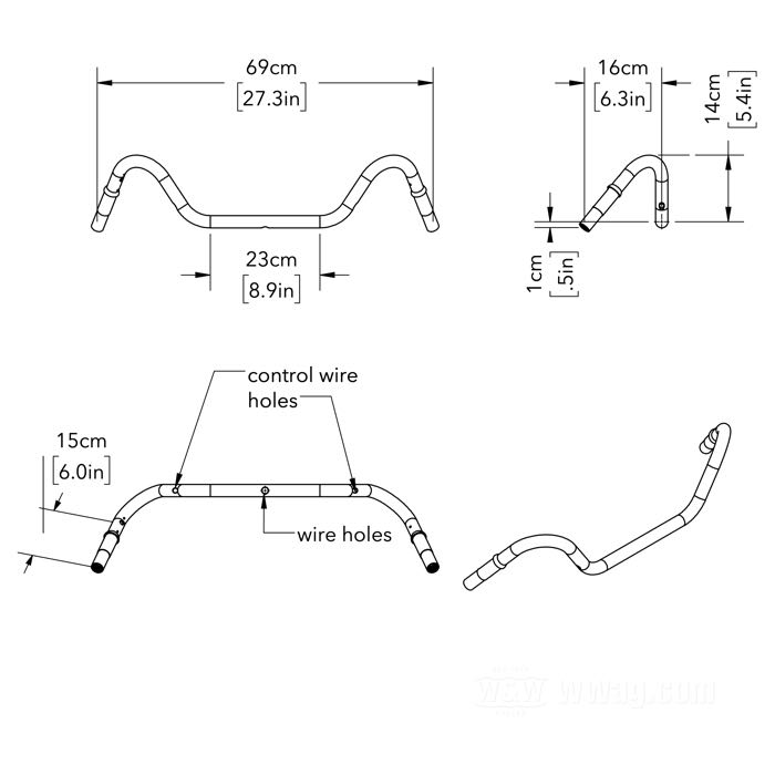 Handlebar »Flanders #11X-HD« by Faber Cycle; for 1935-1948 grip spirals; steel, bare; Ø 1”; thread: 57/64”-24; wire routing: through handlebar; wall thickness: 2 mm; USA; gross weight: 1.3 kg