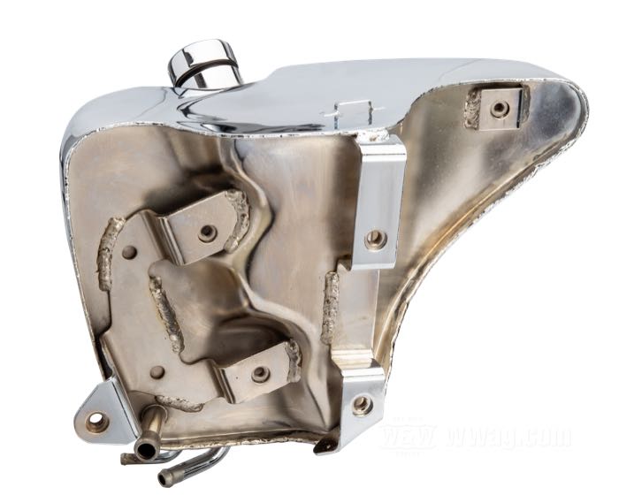 Oil tank; fits Sportster 1994-1996; steel, chrome-plated; drain plug: hose fitting; filler spout: ID 1-1/4”; replaces OEM HD 62475-94A; gross weight: 2.23 kg