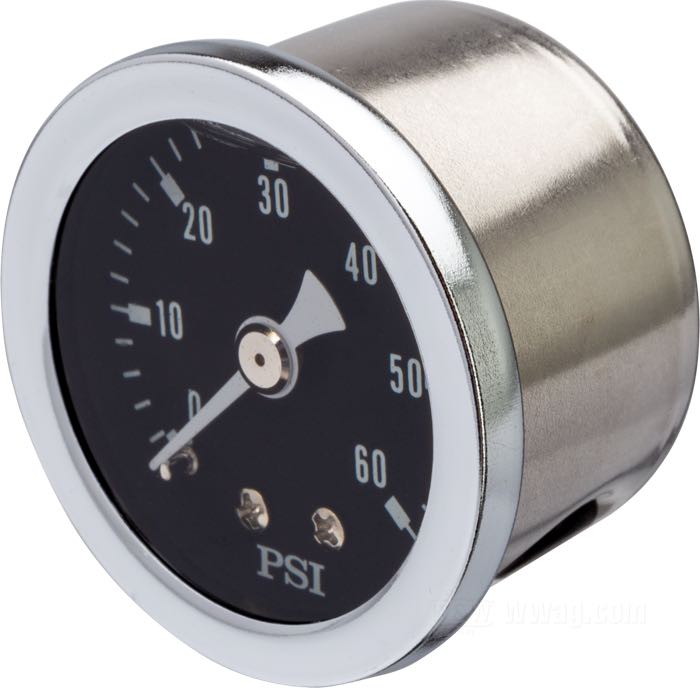 Öldruckmesser »Standard«; Stahl / Acrylglas, verchromt, 0-60 psi; Tiefe: 27 mm; Ø 40 mm; Zifferblatt: schwarz; Gewinde: 1/8”-27 NPT; Bruttogewicht: 100 g