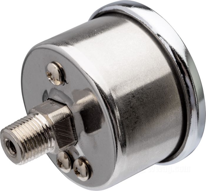 Öldruckmesser »Standard«; Stahl / Acrylglas, verchromt, 0-60 psi; Tiefe: 27 mm; Ø 40 mm; Zifferblatt: schwarz; Gewinde: 1/8”-27 NPT; Bruttogewicht: 100 g