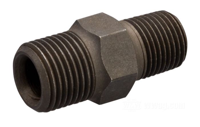 Nipplo; atto per condotto olio bilancieri Knucklehead 1936-1941, condotto di sfiato Knucklehead 1936-1937 and 45”/750 cc models 1937–1952; acciaio, parkerizzato, 1/8 NPT carter, 7/16