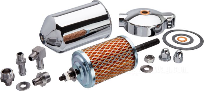 Ölfilter »Old Style«; passend für Big Twin 1940-1964; Stahl, verchromt; Gewinde für Ölleitungen: 1/8”-27 NPT; mit Ölleitungsanschlüssen; ersetzt OEM HD 63825-48; Bruttogewicht: 630 g
