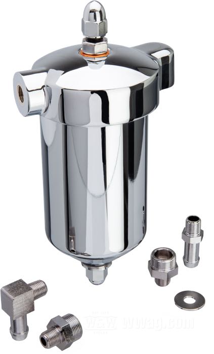 Ölfilter »Old Style«; passend für Big Twin 1940-1964; Stahl, verchromt; Gewinde für Ölleitungen: 1/8”-27 NPT; mit Ölleitungsanschlüssen; ersetzt OEM HD 63825-48; Bruttogewicht: 630 g