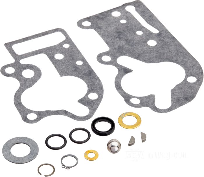 Überholkit von James Gaskets; für Ölpumpe; passend für Big Twin 1968-early 1980; Messing / Papier / Gummi / Stahl; mit Dichtungen, Keilen, Seegerringen, Kugeln; ersetzt OEM HD 6156, 6377, 8866, 11002, 11105, 26227-58, 26231-78, 26246-68, 26258-68, 26348-15 und 26348-36; Bruttogewicht: 20 g