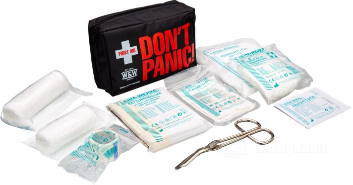 Kit Primeros Auxilios »Don’t Panic « de W&W Cycles; conforme a DIN 13167; negro / naranja; A x A x F: 16 x 11 x 6 cm; peso bruto: 257 g