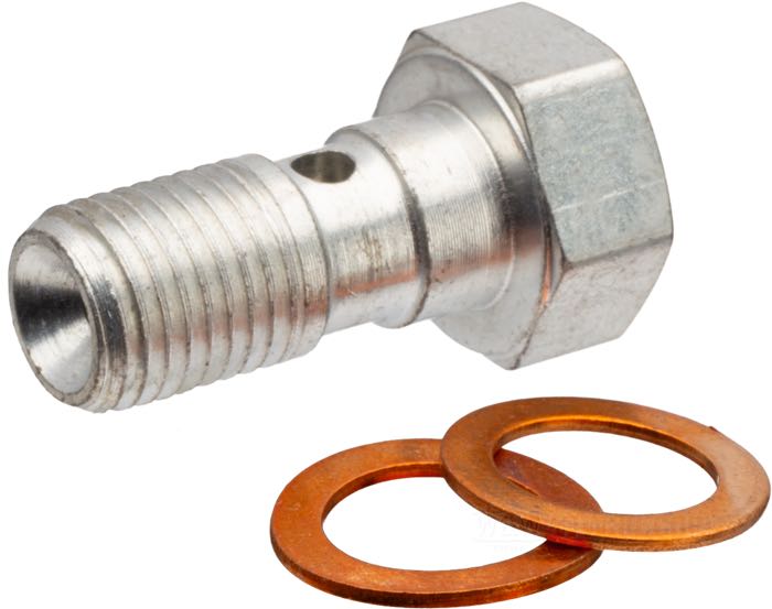 Vite cava di Colony; per Condotto di freno / Cilindro di ruota; atto per Big Twin 1958-1972; acciaio, CAD (procedimento ZnNi); lunghezza: 20 mm; filettatura: 3/8”-24; con rondelli di tenuta; rimpiazza OEM HD 41743-58 e 41744-58; U.S.A.; peso lordo: 28 g