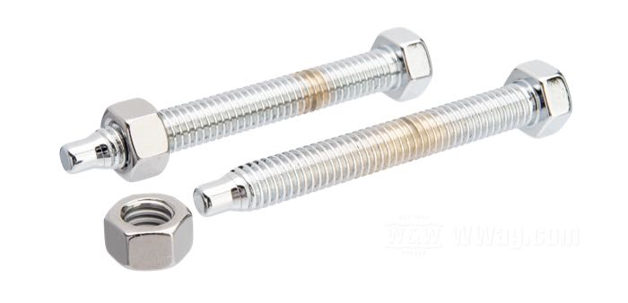 Bulloni regolazione di Colony; per Perno posteriore; atto per Softail 2000-2007; acciaio, cromato; filettatura: 3/8”-16; lunghezza: 3 ”; chiave: 9/16 ”; con dadi; rimpiazza OEM HD 47579-00; U.S.A.; peso lordo: 100 g