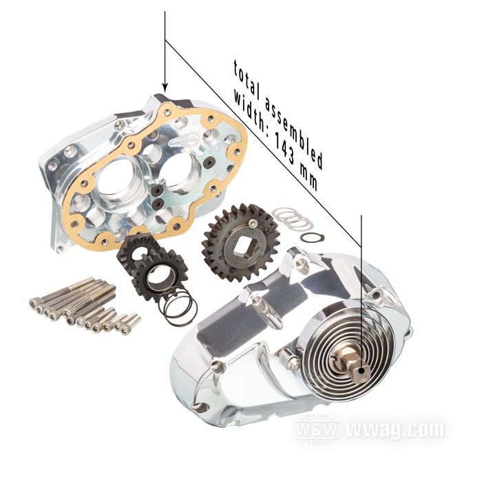 Kickerkit von Cannonball; passend für 5 Gang Evolution Big Twin 1985-1999; Billet-Aluminium / Stahl, poliert, Breite über alles, eingebaut: 143 mm; Deutschland; Bruttogewicht: 5 kg