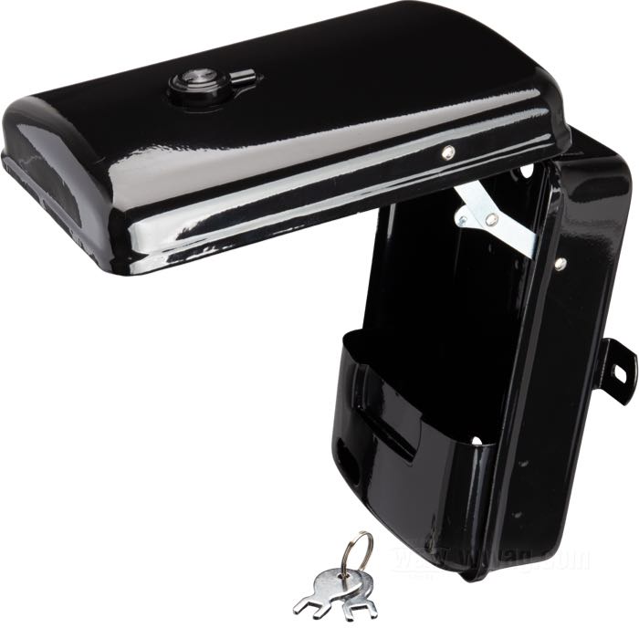 Boîte à outils; adaptable à Knucklehead 1936 and Big Twins 1937-1939; acier, noir, finition époxy, avec charnière; L x H x P: 13 x 20 x 7 cm; remplace OEM HD 3452-36; poids brut: 1.27 kg