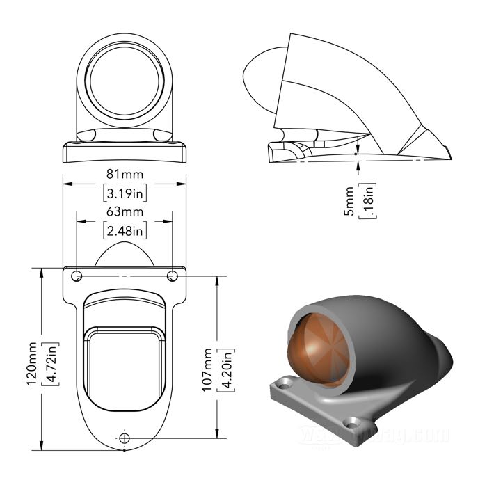 Taillight »Early Sparto«; cast aluminum, polished; length x width: 122 x 63.5 mm; Ø 63 mm; bulb type: P21/5W; 12 V; socket: BAY15d; with stop light; with license illumination; with license bracket; with fastening screws and mounting pad; gross weight: 700 g