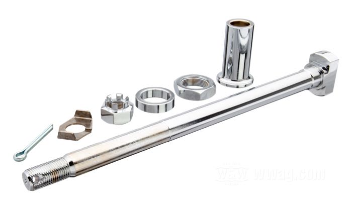 Perno posteriore; per Mozzo Star con cuscinetti conici; atto per Knucklehead 1936, tutte Big Twin 1937-1957; acciaio, cromato; lunghezza: 295 mm; Ø 17.5 mm; filettatura: 5/8”-18; con boccole distanziamento, dadi, rondelle di serraggio e coppiglia; peso lordo: 850 g