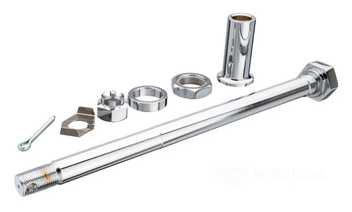 Perno posteriore; per Mozzo Star con cuscinetti conici; atto per FL(H) 1958-1966; acciaio, cromato; lunghezza: 296 mm; Ø 17.5 mm; filettatura: 5/8”-18; con boccole distanziamento, dadi, rondelle di serraggio e coppiglia; peso lordo: 960 g
