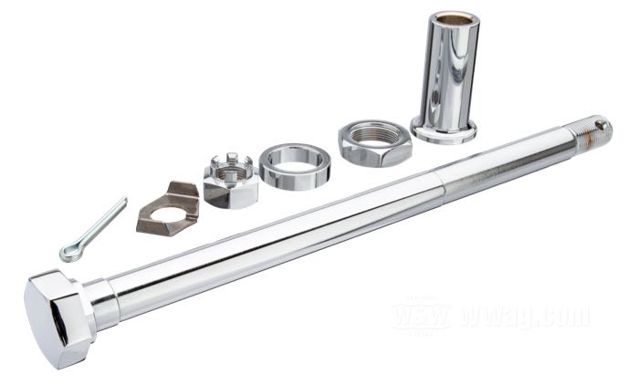 Perno posteriore; per Mozzo Star con cuscinetti conici; atto per FL(H) 1958-1966; acciaio, cromato; lunghezza: 296 mm; Ø 17.5 mm; filettatura: 5/8”-18; con boccole distanziamento, dadi, rondelle di serraggio e coppiglia; peso lordo: 960 g