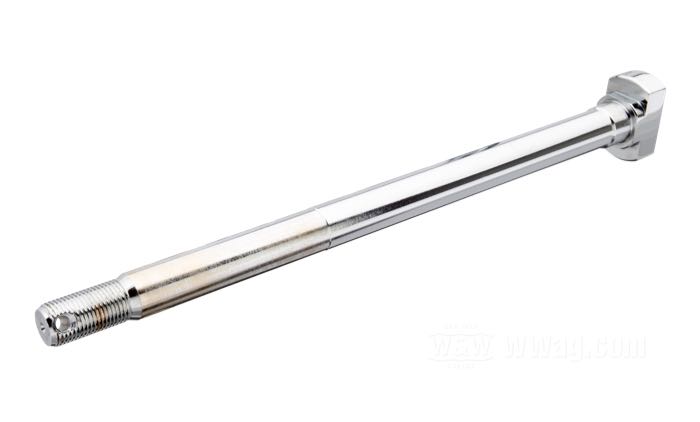 Perno posteriore; per Mozzo Star con cuscinetti conici; atto per Knucklehead 1936, all Big Twins 1937-1957; acciaio, cromato; lunghezza: 296 mm; Ø 17.5 mm; filettatura: 5/8”-18; peso lordo: 590 g