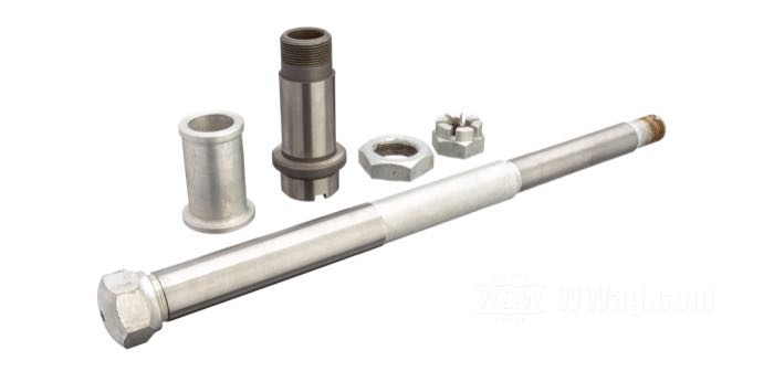 Eje delantero; para horquilla Springer; apropiado para Big Twin/WLC/Servi-Car 1936-1957; acero, CAD (método ZnNi); largo: 260 mm; Ø 17.5 mm; rosca: 1/2”-20; con manguito del eje, espaciador y tuercas; reemplaza OEM HD 43872-36; peso bruto: 710 g
