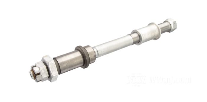 Eje delantero; para horquilla Springer; apropiado para Big Twin/WLC/Servi-Car 1936-1957; acero, CAD (método ZnNi); largo: 260 mm; Ø 17.5 mm; rosca: 1/2”-20; con manguito del eje, espaciador y tuercas; reemplaza OEM HD 43872-36; peso bruto: 710 g