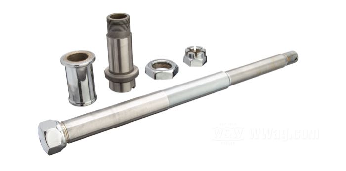 Front axle; for Springer fork; fits Big Twin/WLC/Servi-Car 1936-1957; steel, chrome-plated; length: 260 mm; Ø 17.5 mm; thread: 1/2”-20; with axle sleeve, axle spacer and nuts; replaces OEM HD 43872-36; gross weight: 700 g