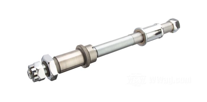 Front axle; for Springer fork; fits Big Twin/WLC/Servi-Car 1936-1957; steel, chrome-plated; length: 260 mm; Ø 17.5 mm; thread: 1/2”-20; with axle sleeve, axle spacer and nuts; replaces OEM HD 43872-36; gross weight: 700 g