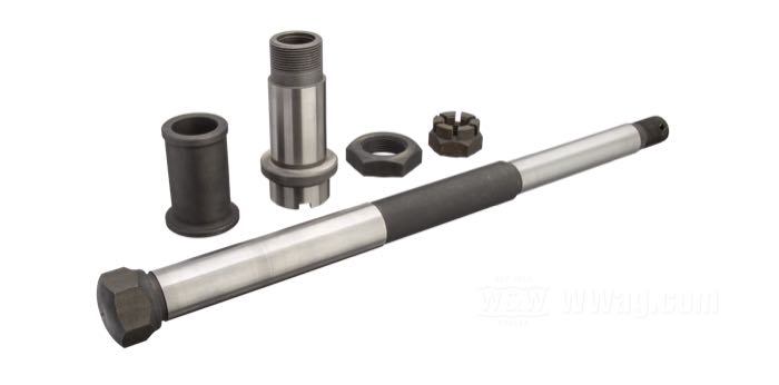 Eje delantero; para horquilla Springer; apropiado para Big Twin/WLC/Servi-Car 1936-1957; acero, parkerizado; largo: 260 mm; Ø 17.5 mm; rosca: 1/2”-20; con manguito del eje, espaciador y tuercas; reemplaza OEM HD 43872-36; peso bruto: 713 g