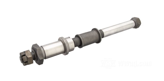 Eje delantero; para horquilla Springer; apropiado para Big Twin/WLC/Servi-Car 1936-1957; acero, parkerizado; largo: 260 mm; Ø 17.5 mm; rosca: 1/2”-20; con manguito del eje, espaciador y tuercas; reemplaza OEM HD 43872-36; peso bruto: 713 g