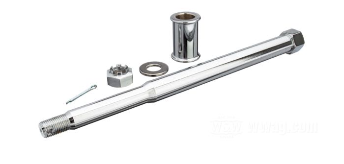 Eje delantero; para Buje Star con rodamientos cónicos; apropiado para Knucklehead 1936, Big Twin 1937-1948, Servi-Car 1937-1957, WLC 1941-1943; acero, cromado; largo: 259 mm; Ø 17.5 mm; rosca: 1/2”-20; con distanciador, tuerca, arandela y perno; peso bruto: 500 g